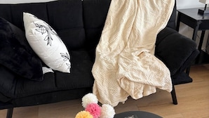 A black sofa with a white pillow and a beige throw blanket. In front, there's a black coffee table with a vase of flowers, a remote control, and a box. - small cozy studio apartment (Edmonton)