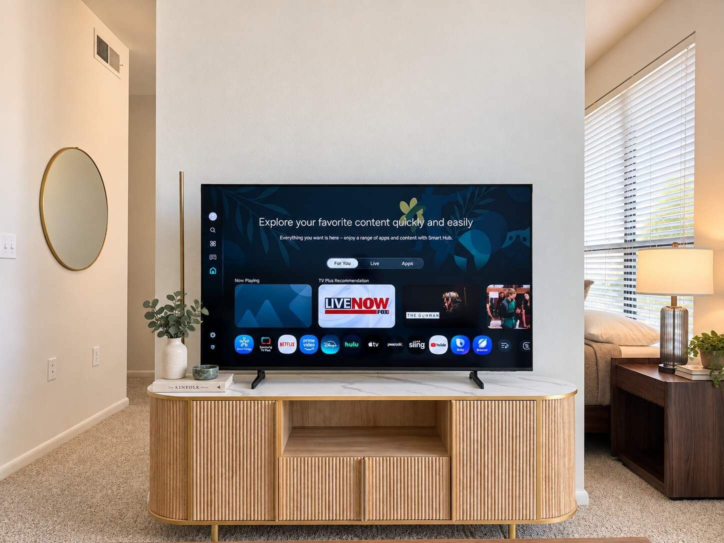 A flat-screen TV mounted on a wooden cabinet with a TV Plus Recommendation screen displaying various streaming services.