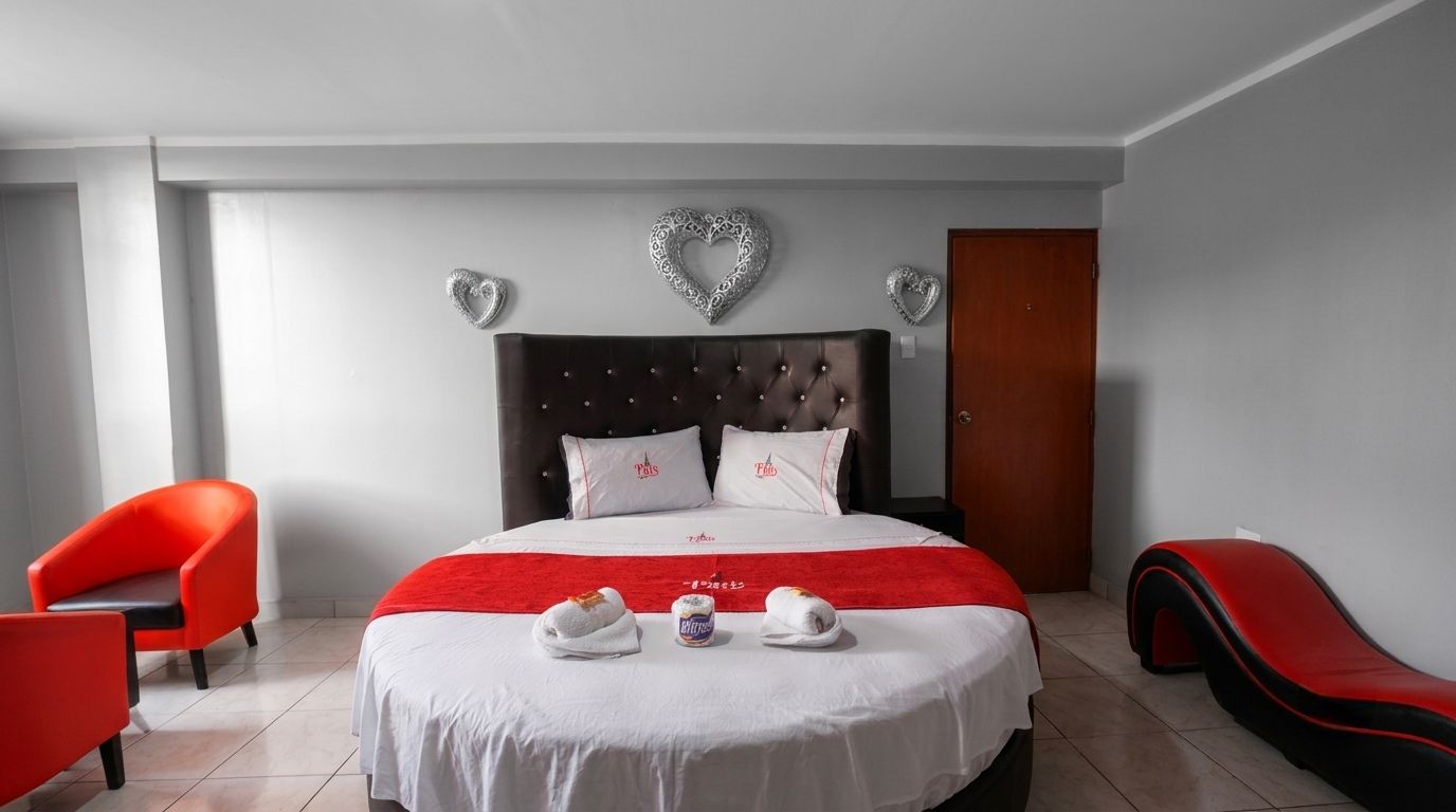 A hotel room with a large bed, two red chairs, a wooden door, and decorative heart-shaped wall art.
