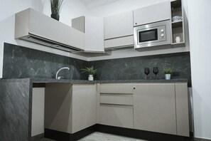 Mini-Kühlschrank, Mikrowelle, Herdplatte, Kochgeschirr/Geschirr/Besteck