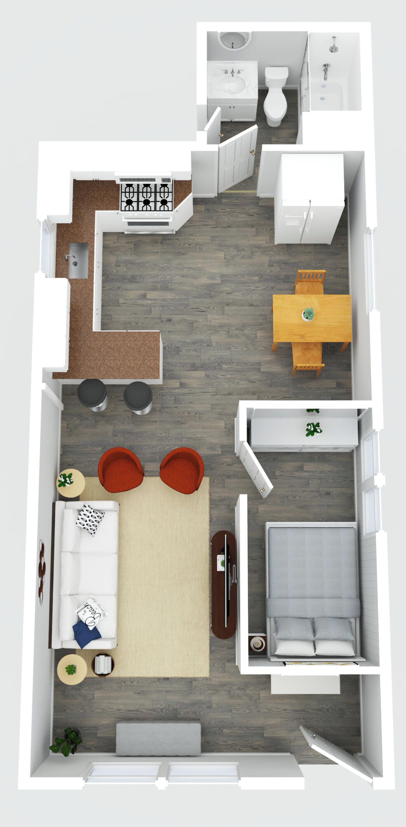 Planta de apartamento de dois quartos com cozinha compacta, área de refeições e uma pequena sala de estar.