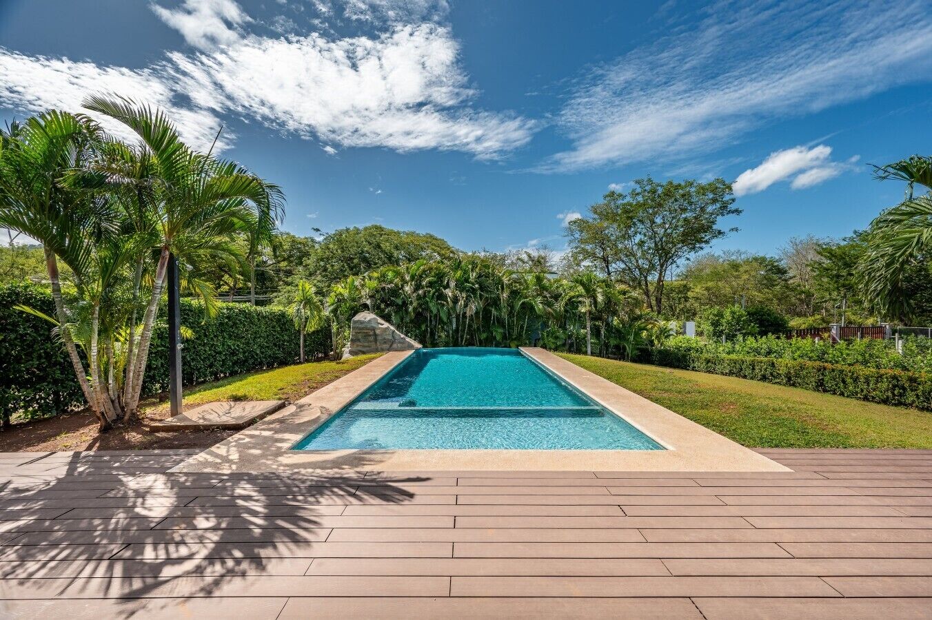 A rectangular swimming pool with a clear blue water surface, surrounded by a wooden deck and lush greenery including palm trees and hedges.