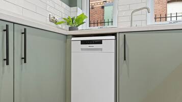 A compact kitchen with a white dishwasher, light-colored cabinets, and a small potted plant on the countertop.