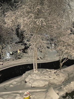 A snow-covered landscape with trees and a small pond. - Unique London family-sized home with stunning Natural Pool (London)