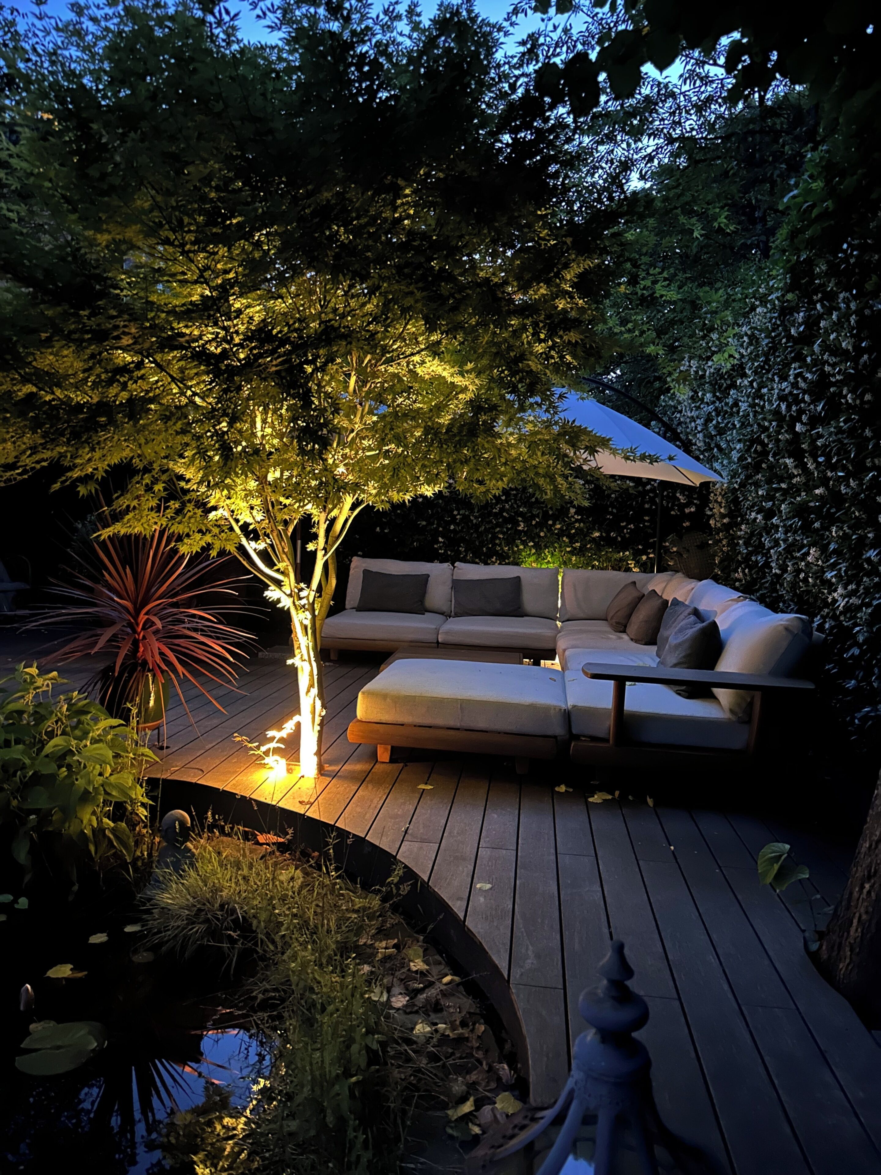 Eine Holzterrasse mit einer Sitzecke und einem Baum, der von Lichterketten beleuchtet wird.