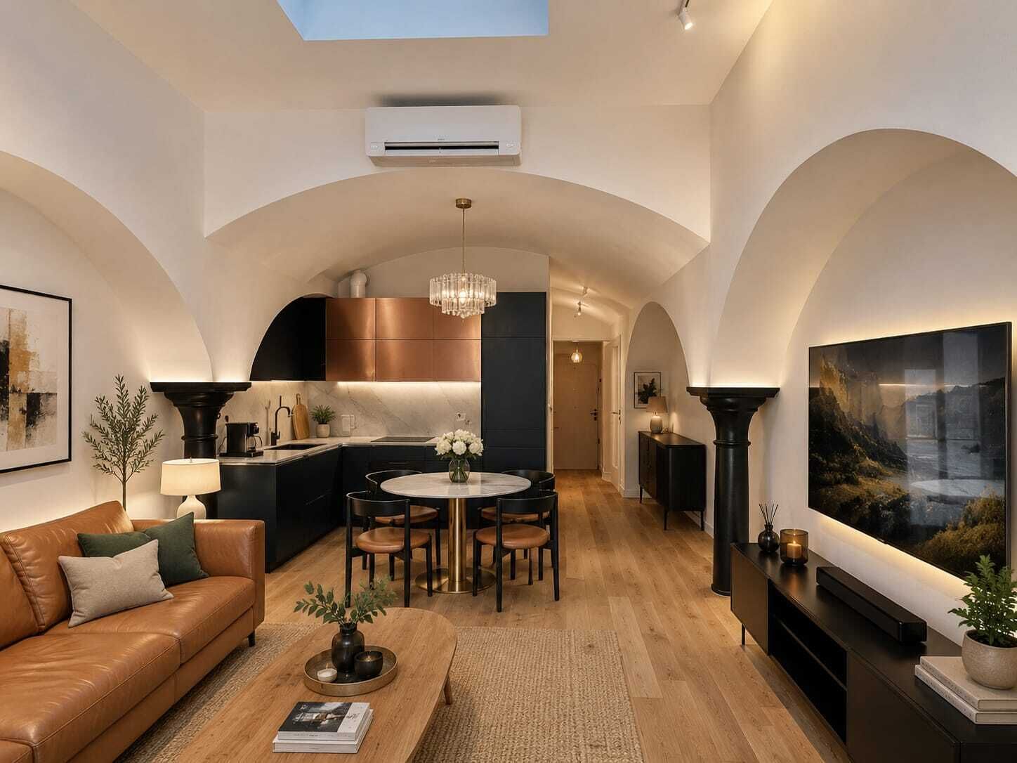 A modern living room with a leather sofa, a coffee table, and a dining area with a chandelier.