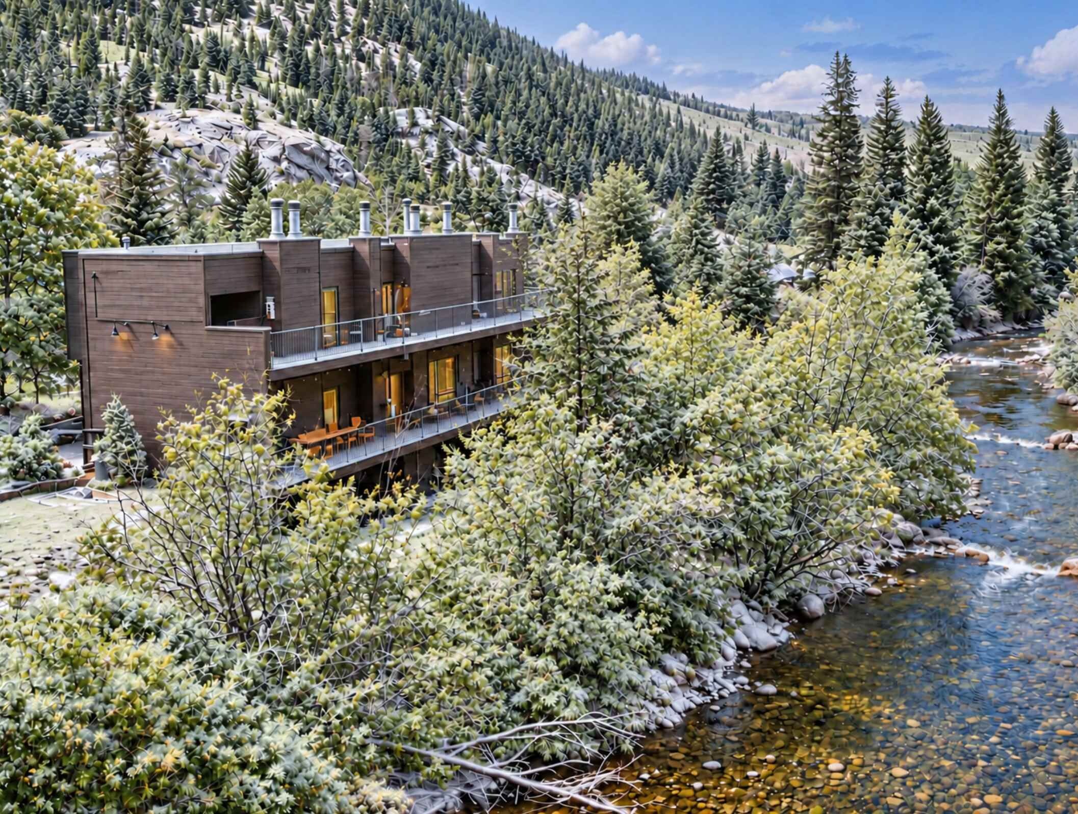 A modern multi-story building with balconies overlooking a river, surrounded by dense forest and mountains.
