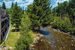 A building with a river running through a forested area. - The Creekside Retreat | Steps to Frisco’s Main St! (Frisco)