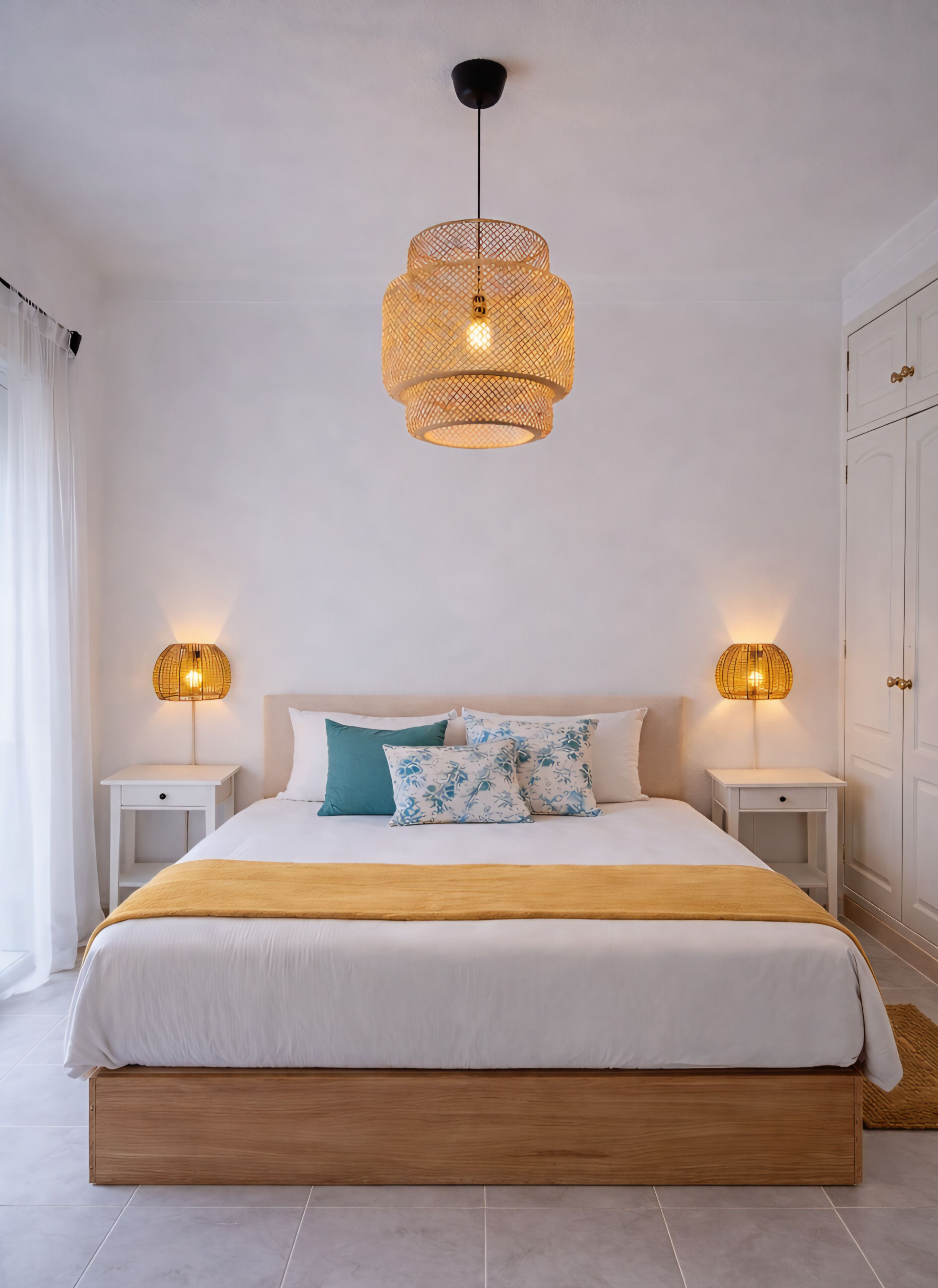 Un dormitorio con cama, mesitas de noche y lámpara colgante.