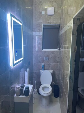 A bathroom with a toilet, a sink, a mirror with lights, and a shower area. - Deval Den (Enugu)