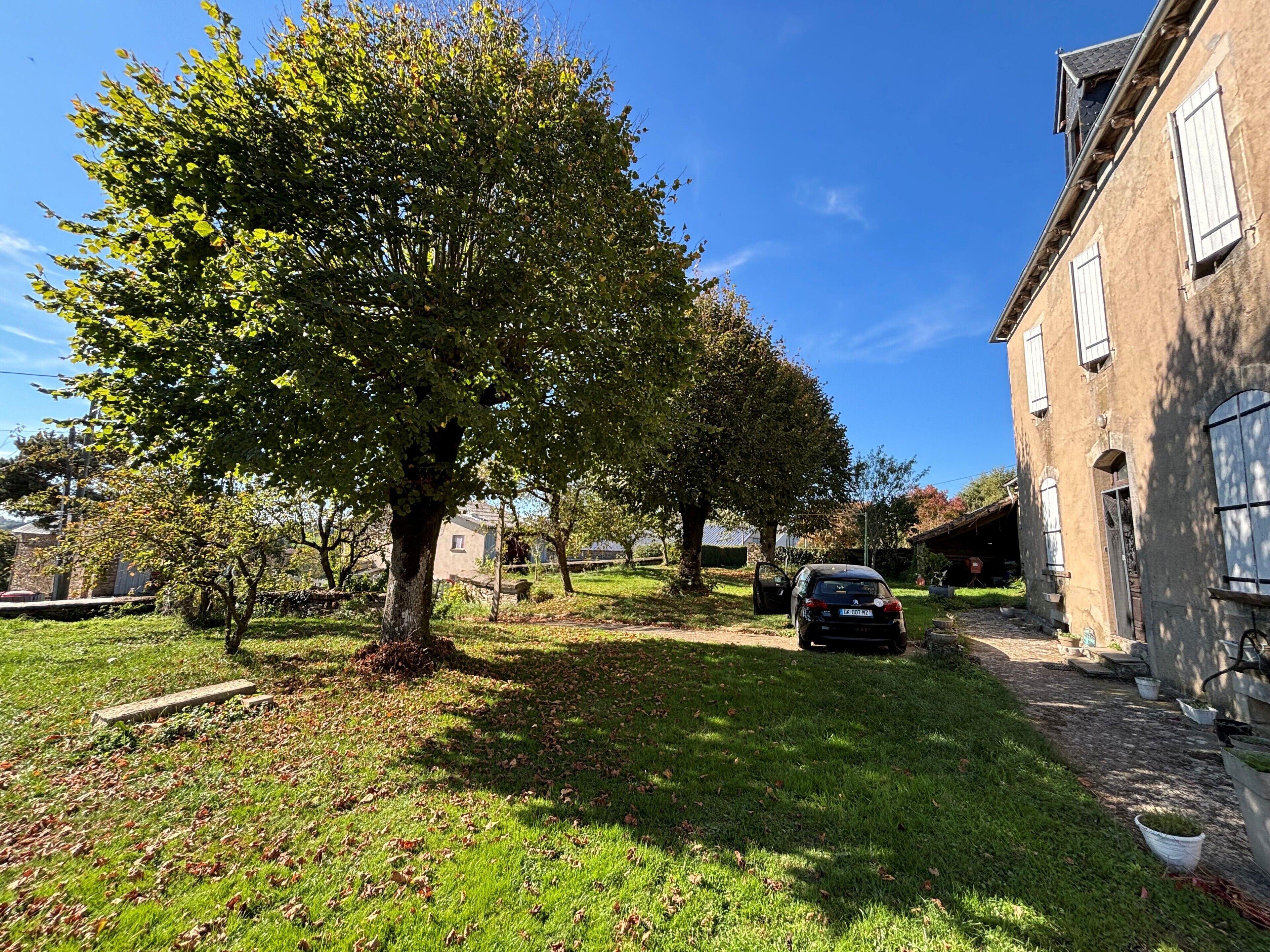 Un quartier résidentiel avec une rue bordée d’arbres, une voiture garée et un immeuble à la façade en pierre.