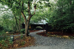 Ein bewaldetes Gebiet mit einem Kiesweg, der zu einer Holzbrücke führt.