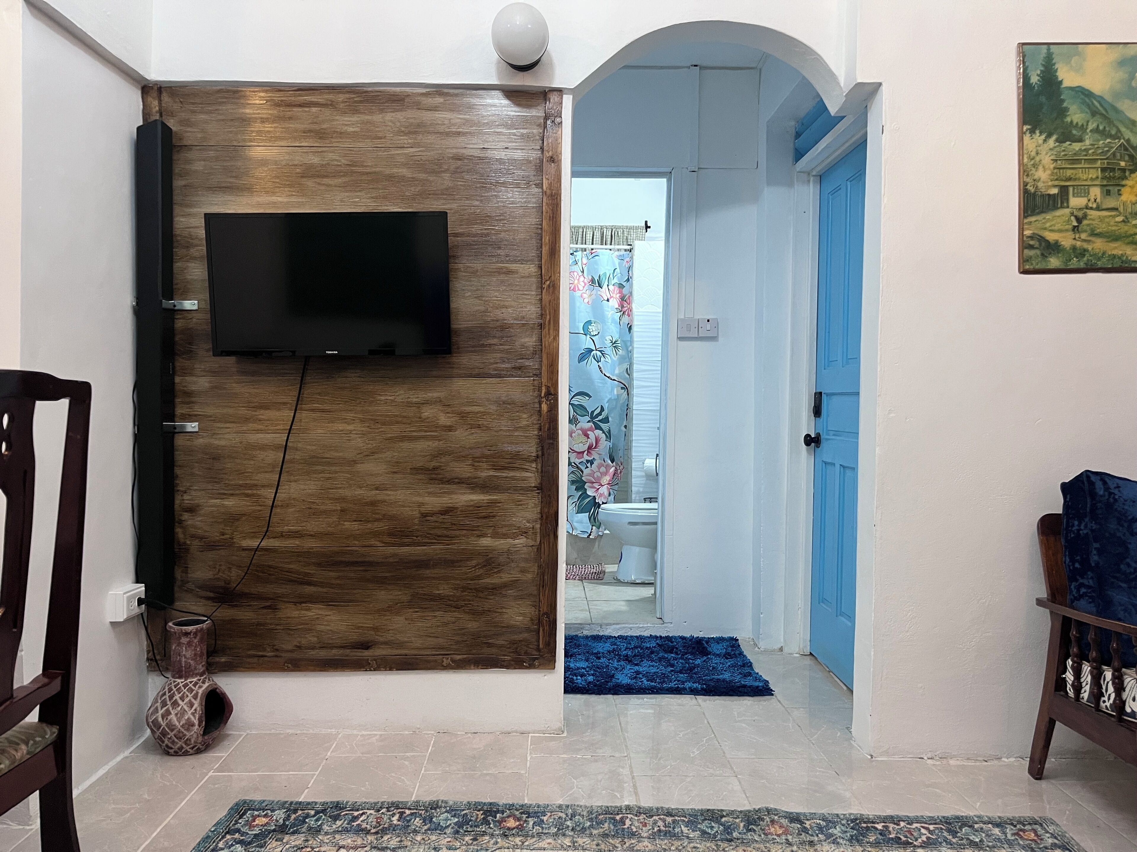 Une pièce avec un téléviseur fixé sur un panneau en bois, une porte bleue, un tapis à motifs et un vase posé sur le sol.