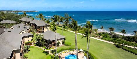 A resort with a swimming pool, beachfront view, and multiple buildings.
