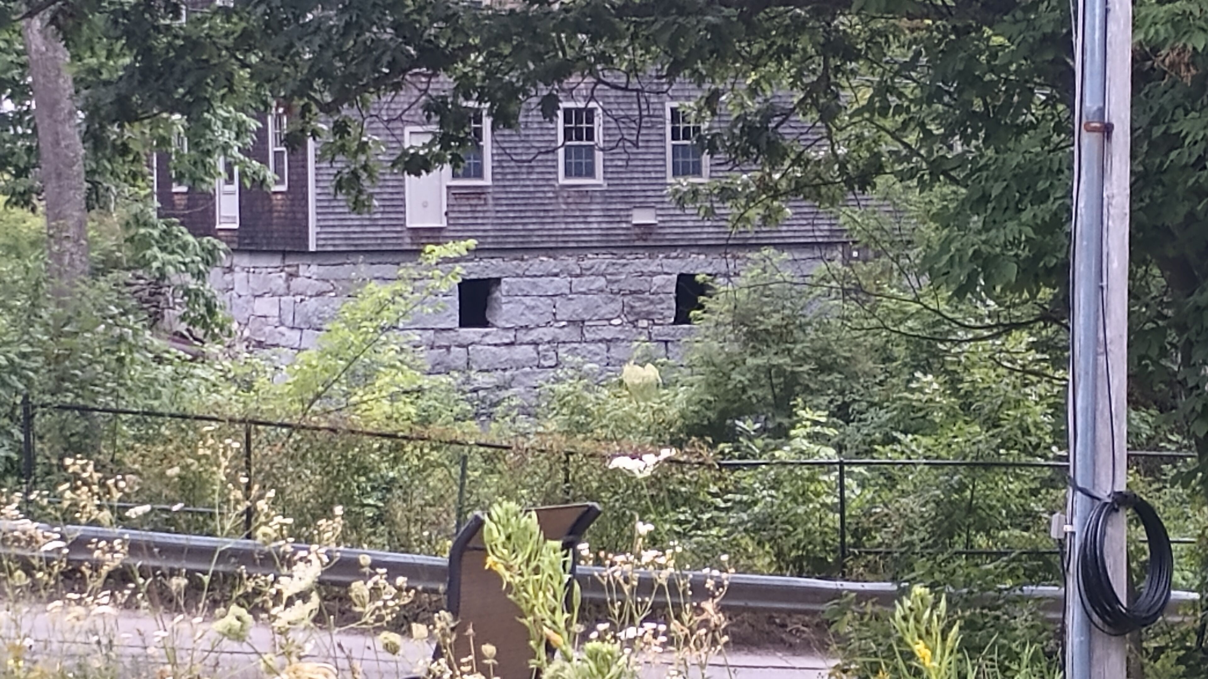 Un edificio de piedra con múltiples ventanas, rodeado de vegetación y una valla metálica.