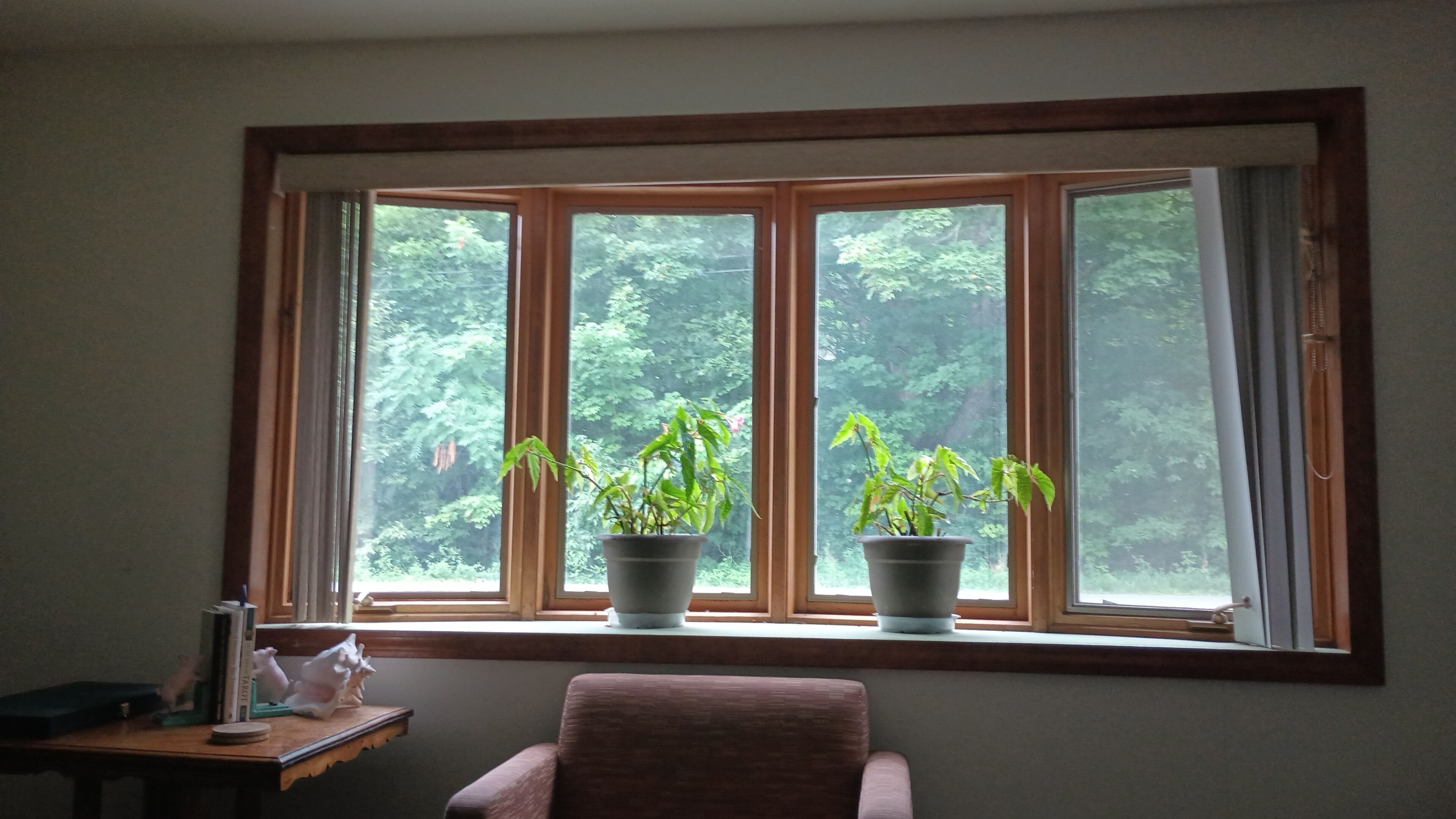 A room with a large window, two potted plants, a small table with books and a figurine, and a chair.