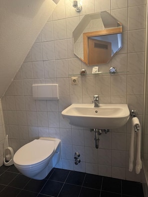 Une salle de bain équipée d’un WC, d’un lavabo, d’un miroir et d’un porte-serviettes.