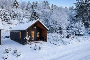 Eine Holzhütte mit Satteldach, umgeben von schneebedeckten Bäumen und einem klaren Himmel.