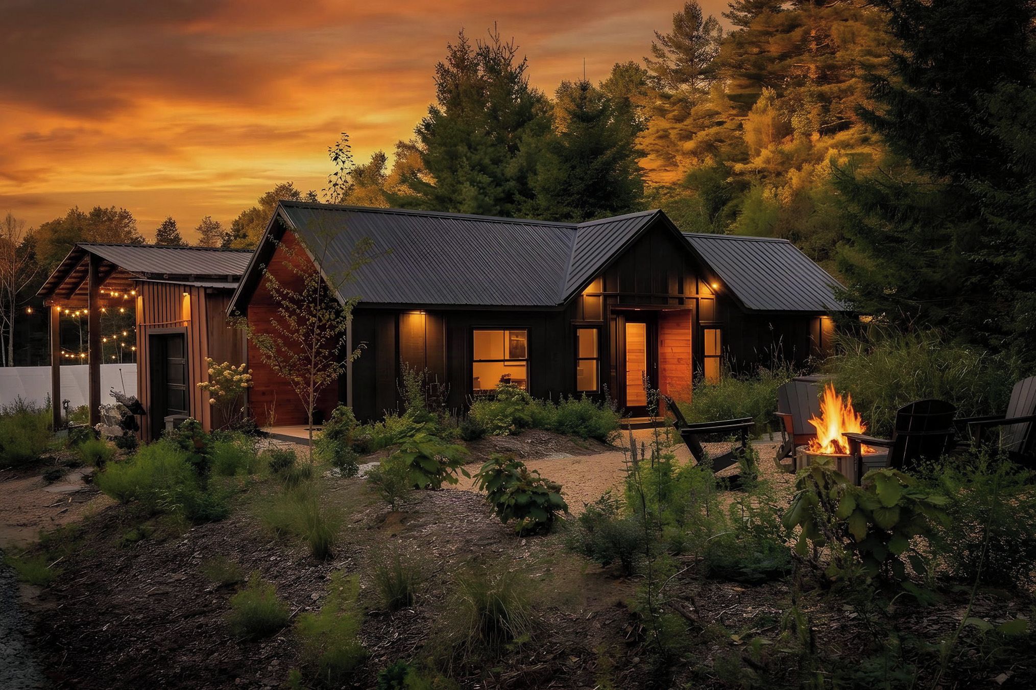 A cabin with a fire pit, surrounded by dense forest, at dusk.