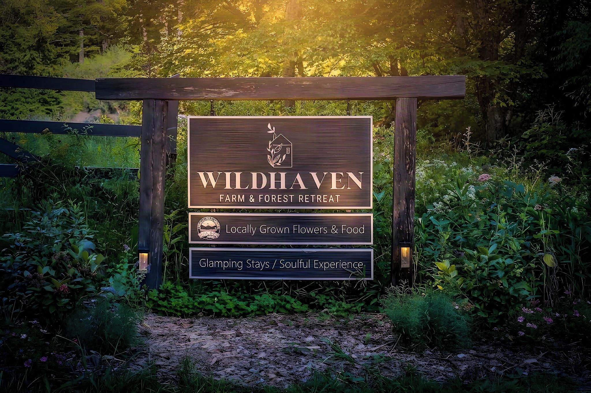 A sign for Wildhaven Farm & Forest Retreat with a logo, indicating locally grown flowers & food, and glamping stays.