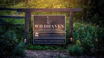 A sign for Wildhaven Farm & Forest Retreat with a logo, indicating locally grown flowers & food, and glamping stays.