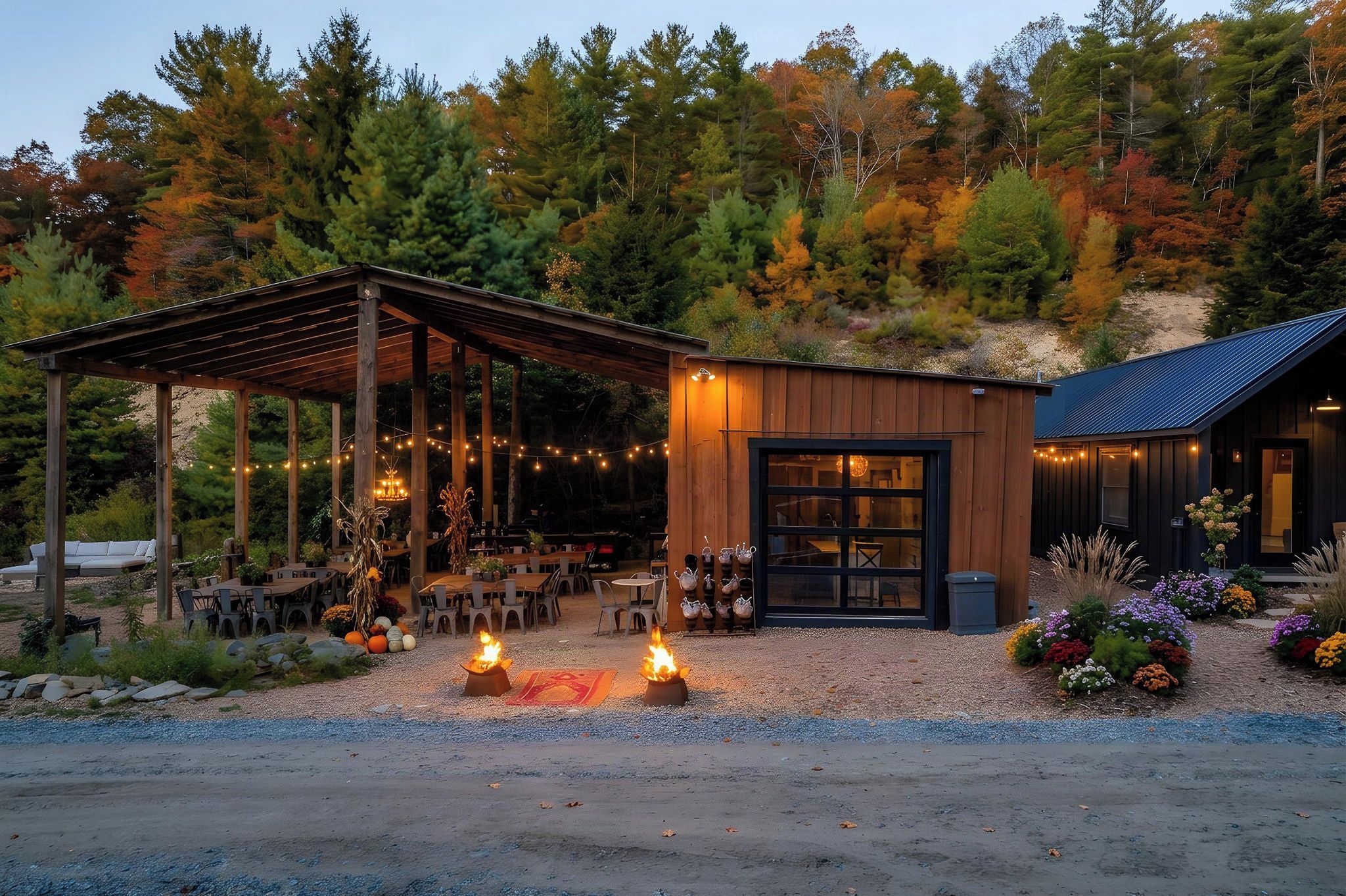 A rustic cabin with a covered outdoor seating area, a fire pit, and a garden with colorful flowers.