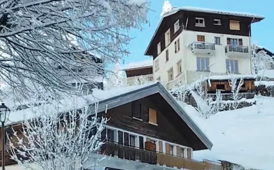 Un immeuble à plusieurs étages doté de balcons, entouré d’arbres couverts de neige.