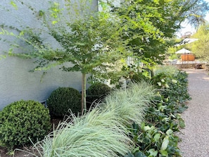 A garden with a variety of plants, a small tree, and a gravel path. - Romance + Luxury at Olive Branch Farm for two in The Santa Ynez Valley. (Solvang)