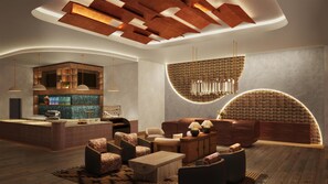 A modern interior with a bar area, seating, and a unique ceiling design.