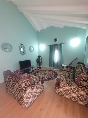 A living room with patterned sofas, a television, and a fan. - Cozy 2-bedroom house in perfect Mesopotamia with AC (Mesopotamia)
