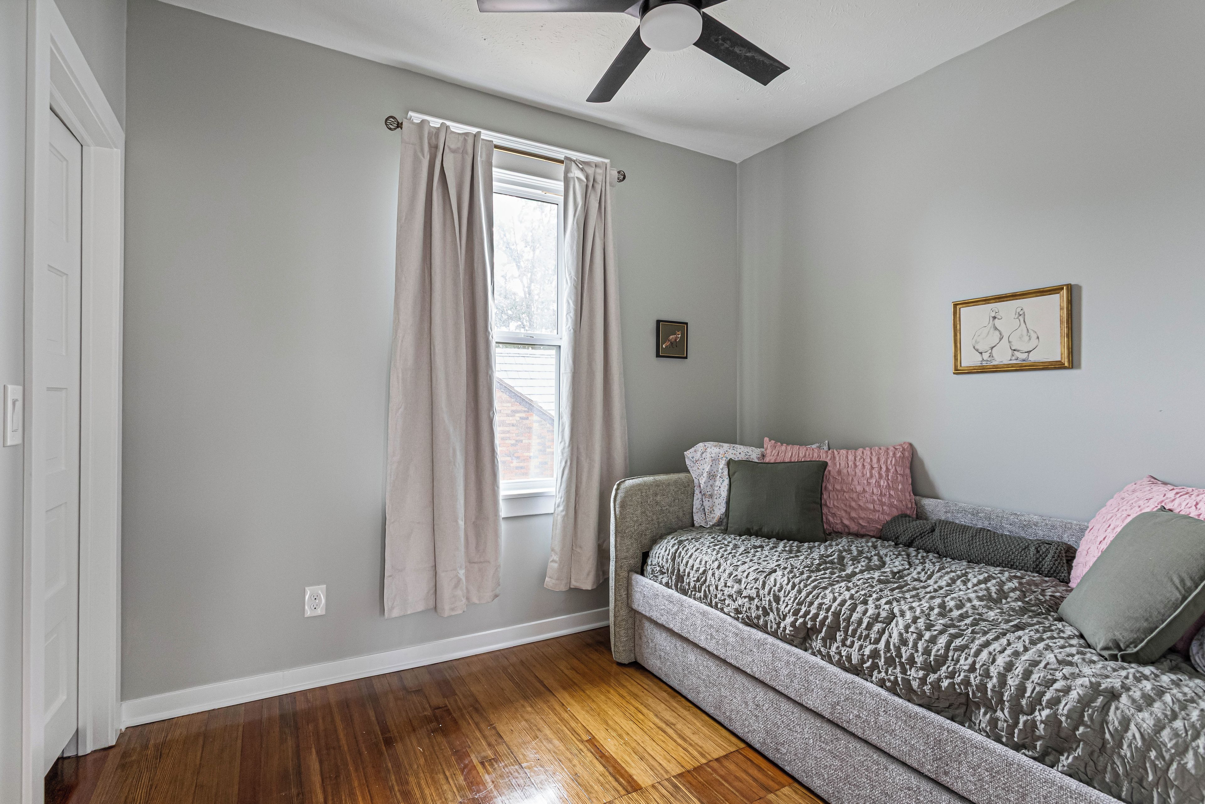 A room with a single bed, a ceiling fan, a window with curtains, and a wall-mounted picture.