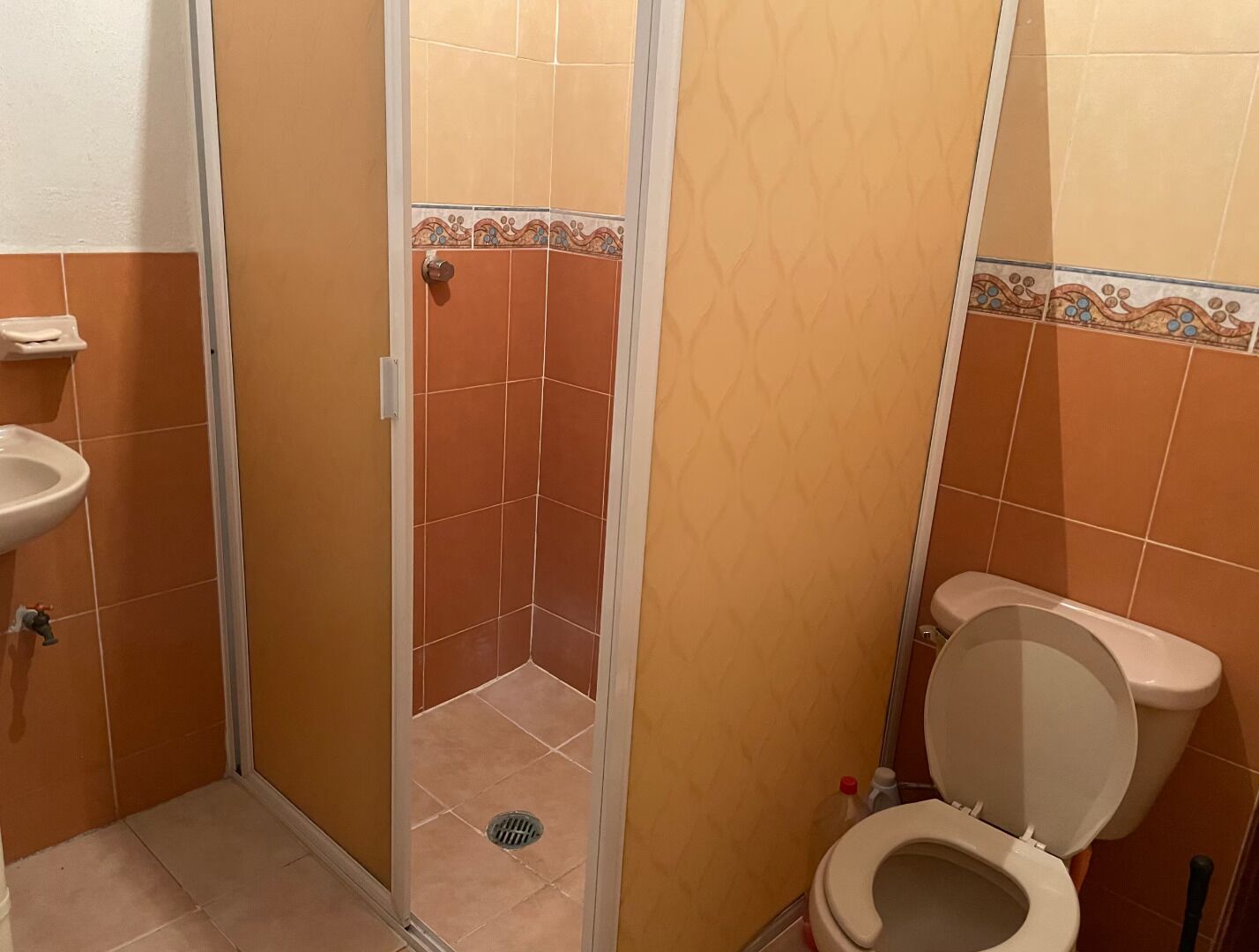 A bathroom with a toilet, sink, and shower area.