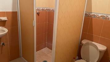 A bathroom with a toilet, sink, and shower area.
