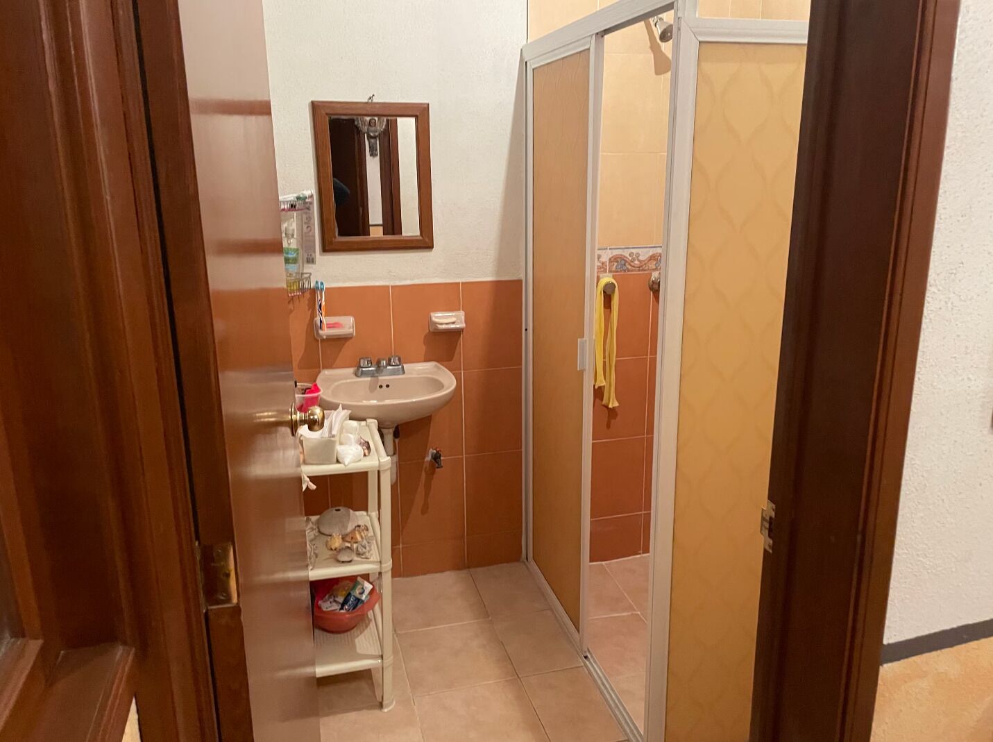 Een douche, handdoeken, zeep, toiletpapier