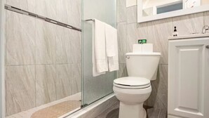 Ein Badezimmer mit Duschkabine, Toilette und Waschbecken.