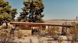 A modern building with a flat roof, surrounded by desert vegetation and mountains in the distance. - Radziner Modernist Cabin By Homestead Modern (Joshua Tree)