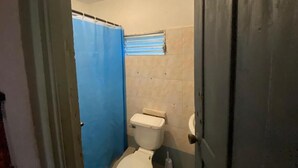 A bathroom with a toilet, a shower curtain, and a door. - Hostel Bocas Estrella (Bocas del Toro)