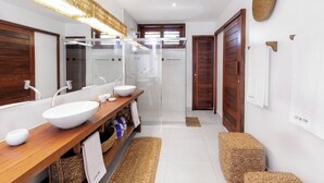 Hair dryer, towels, soap, shampoo