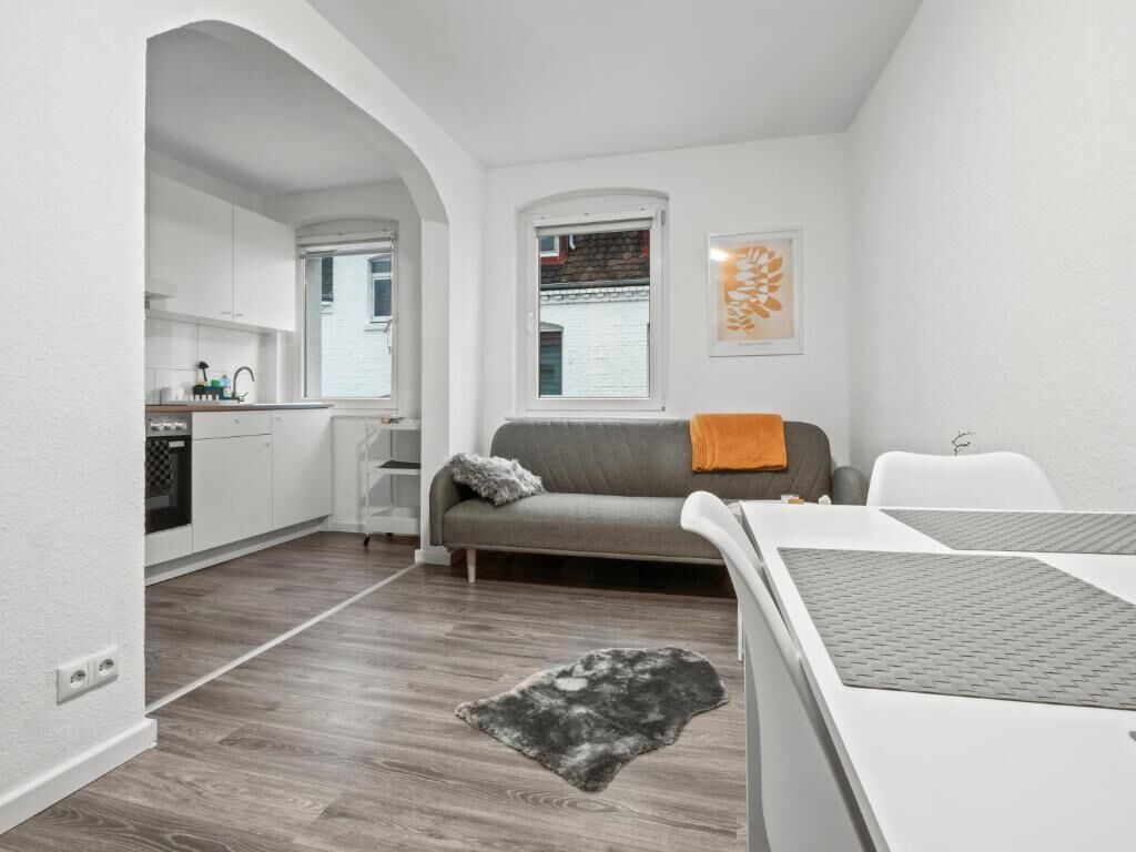A modern living space with a kitchen, a grey sofa, and a small rug.
