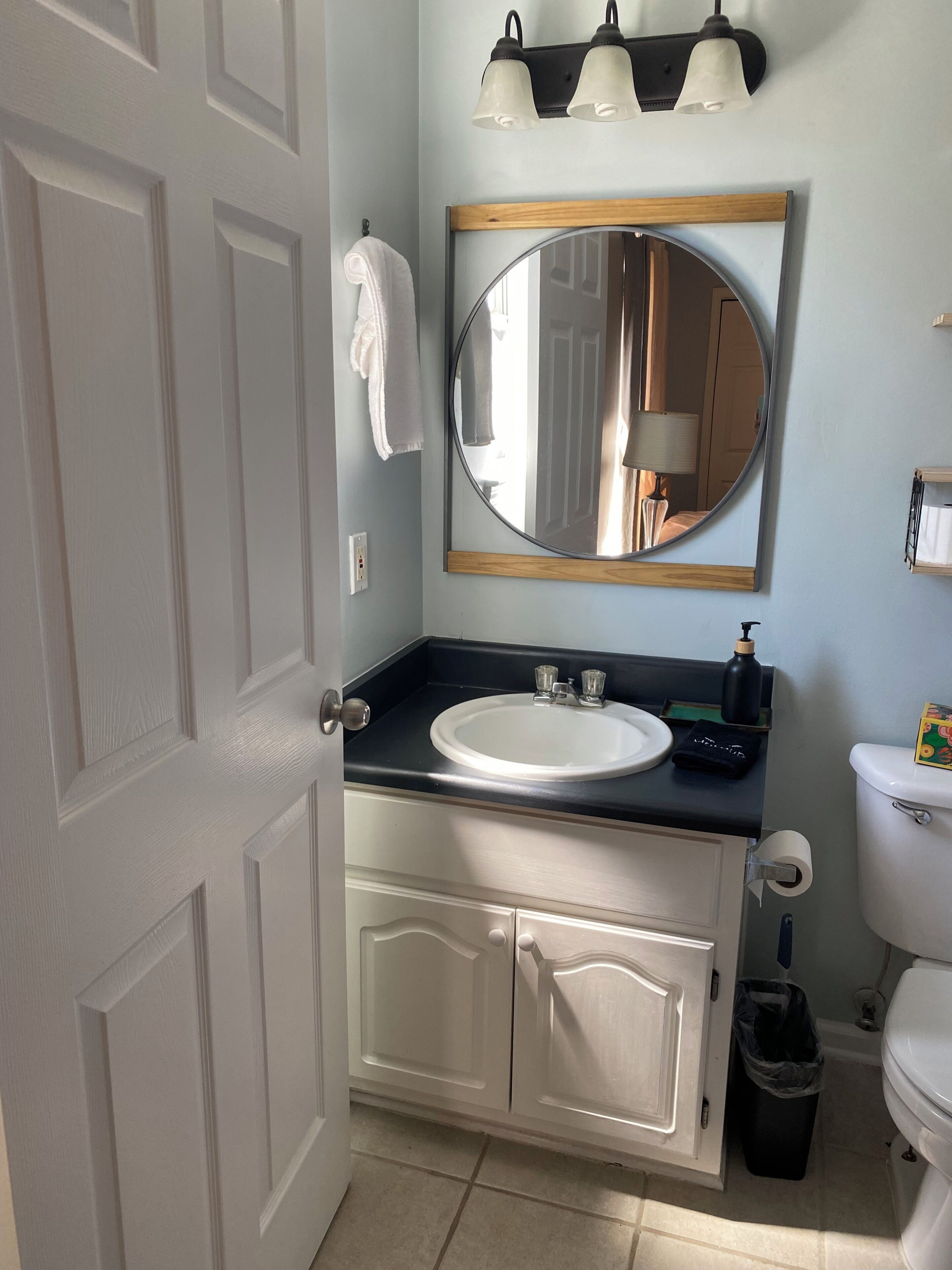 Hair dryer, towels, soap, toilet paper