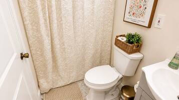 A bathroom with a toilet, a sink, a shower curtain, a framed quote on the wall, and a small plant on the sink.