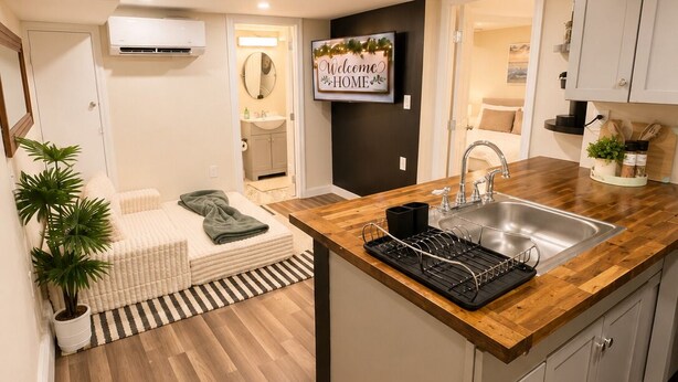 A compact kitchen with a wooden countertop, a built-in sink, and a small island with a dish rack.