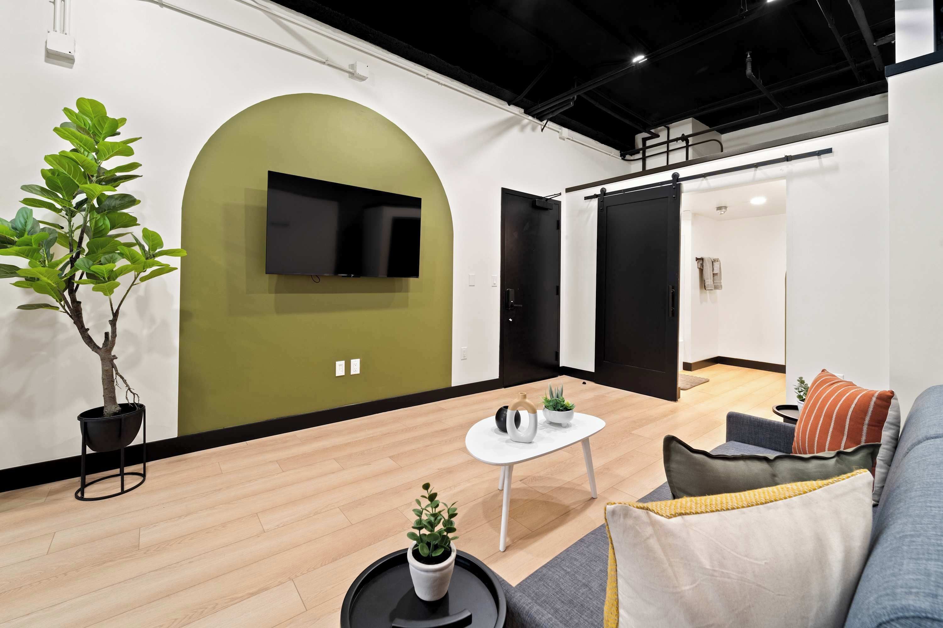 A modern interior with a flat-screen TV mounted on a green wall, a potted plant, a small table with decorative items, and a sofa with cushions.