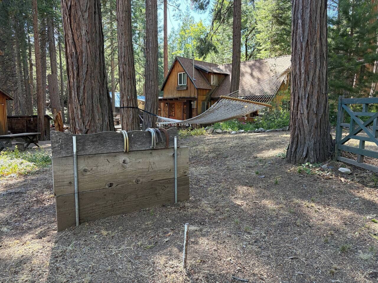 A rustic wooden structure with a hammock, surrounded by tall trees and a small cabin.