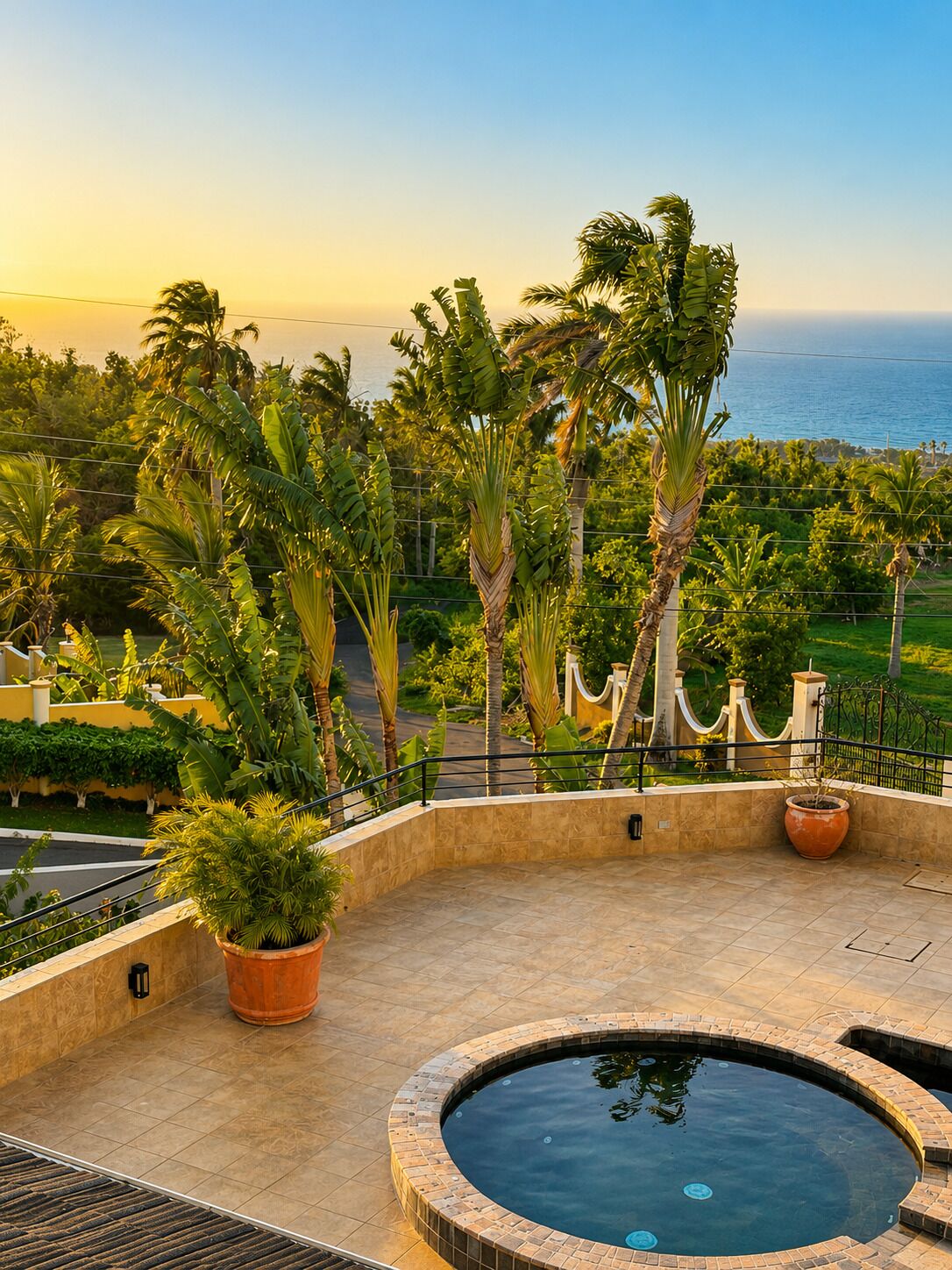 A pool area with a circular hot tub, surrounded by palm trees and a view of the ocean.