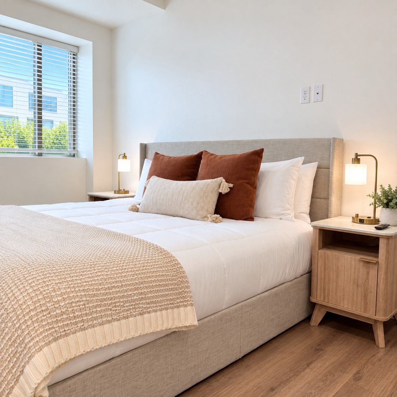 A neatly made bed with a headboard, two bedside tables with lamps, and a window with blinds.