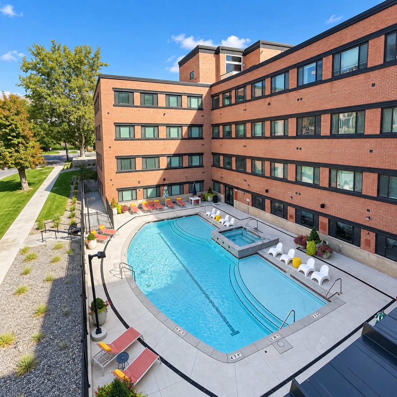 A modern building with a swimming pool, outdoor seating, and a well-maintained lawn.