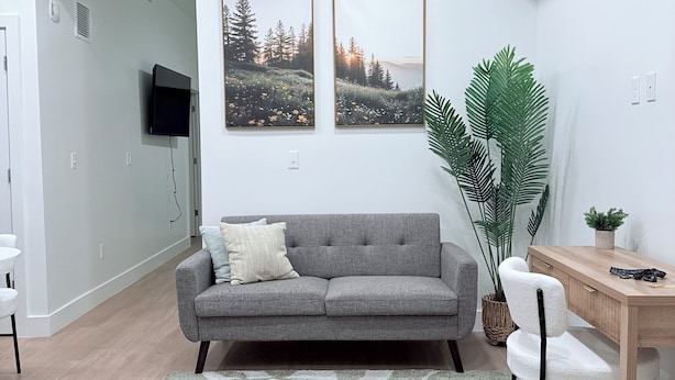 En moderne stue med en grå sofa, et sofabord, et fjernsyn monteret på væggen og to billeder af landskaber i rammer.