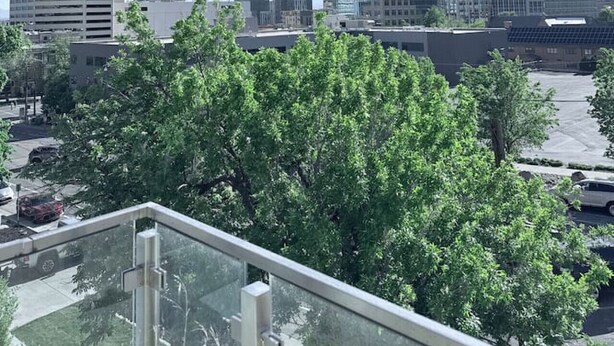 A city skyline with modern buildings, a clear sky, and a parking lot with trees in the foreground. - Modern Downtown SLC | King Bed + Free Parking (Salt Lake City)