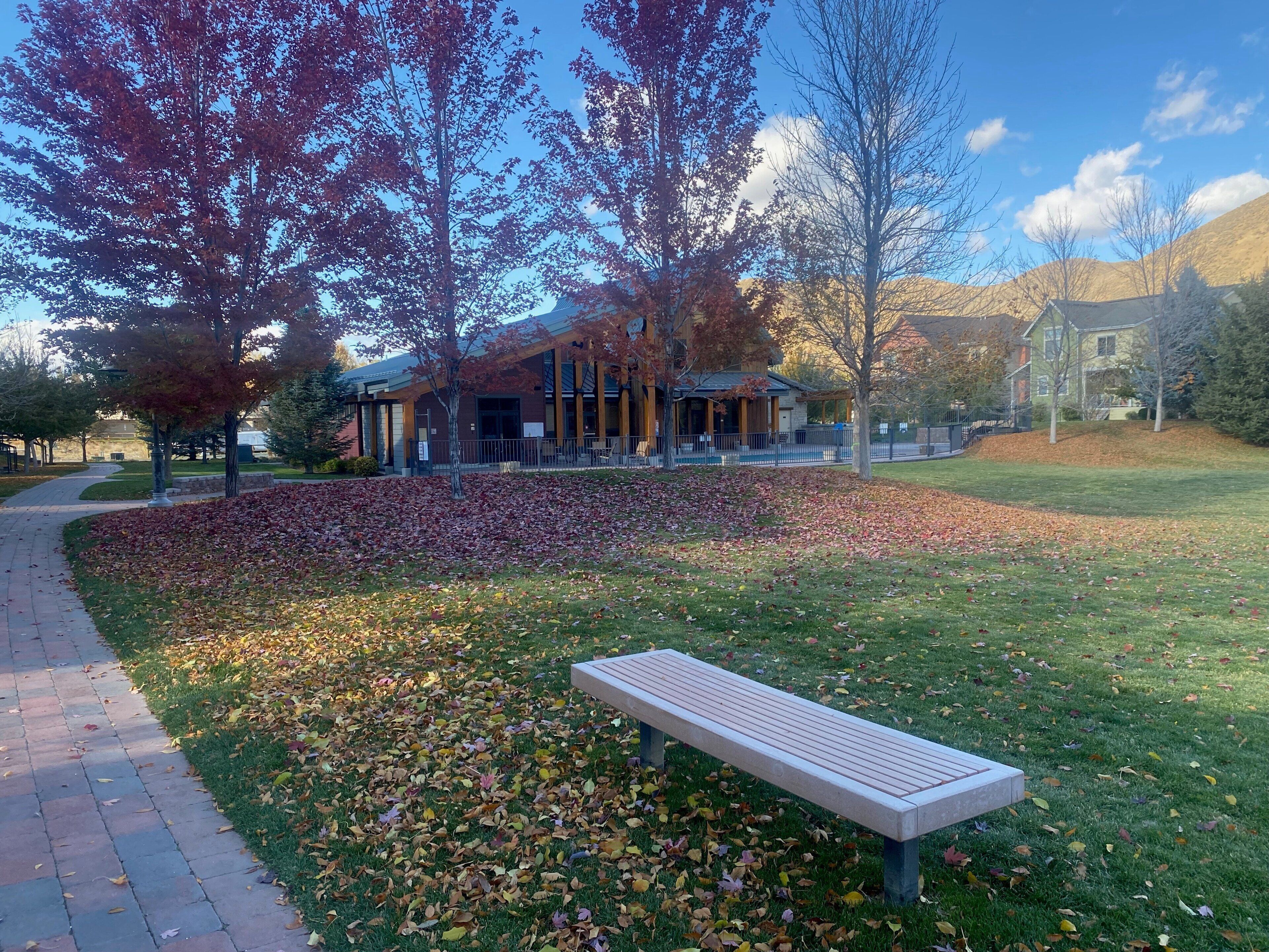 Un parc avec un chemin pavé, une pelouse parsemée de feuilles et un banc.